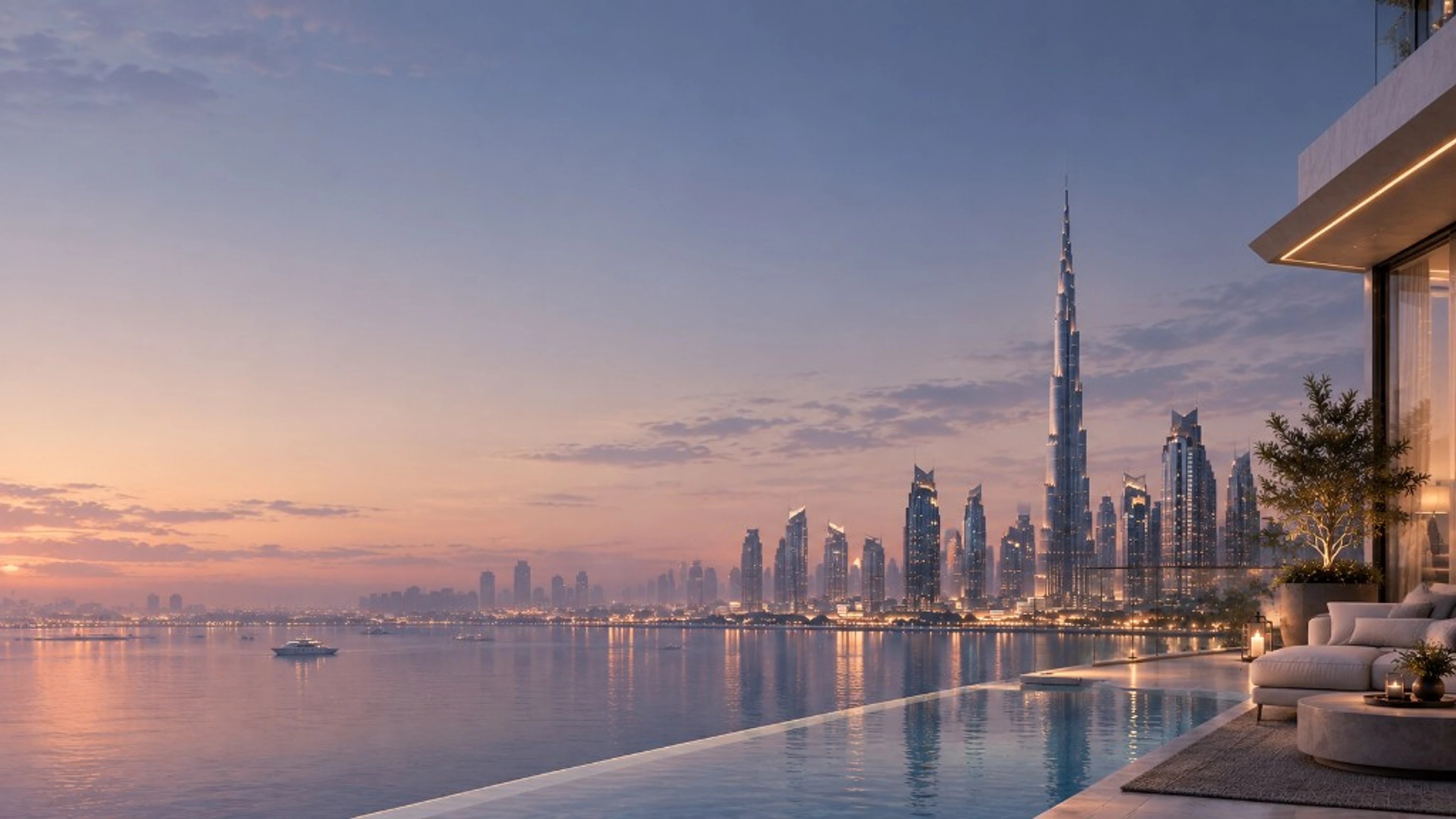 Dusk over the Dubai skyline seen from a private infinity-pool terrace